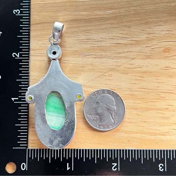 New Green Enhanced Agate w Sim Peridot Silver Overlay Pendant Necklace w Cord - Picture 5 of 7